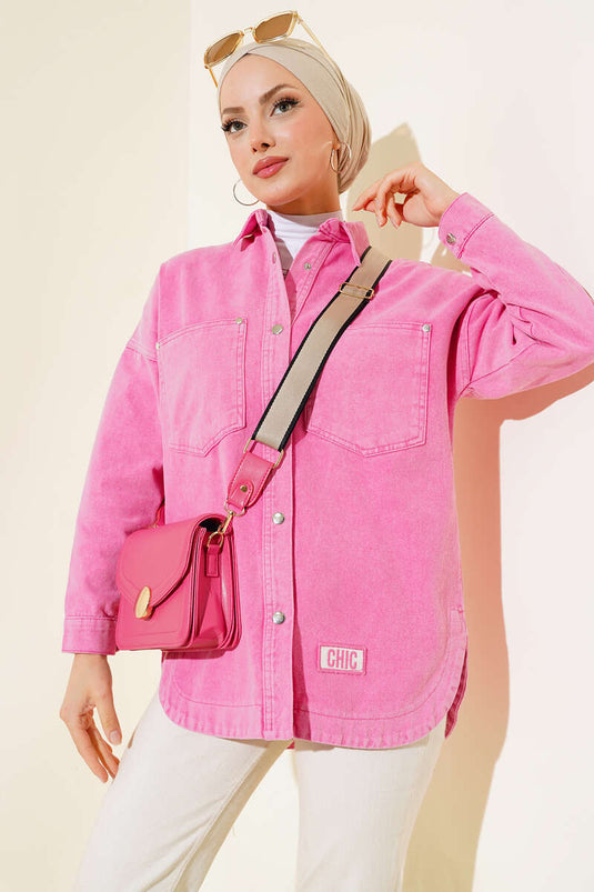 Embroidered Gabardine Denim Jacket Pink