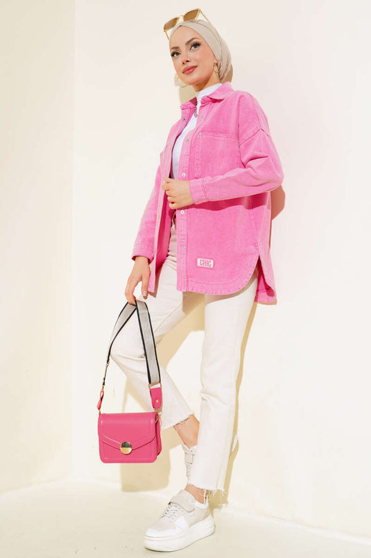 Embroidered Gabardine Denim Jacket Pink