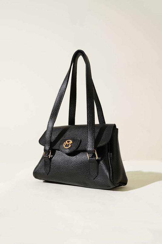 Single Compartment Bag with Emblem and Magnetic Clasp, Black