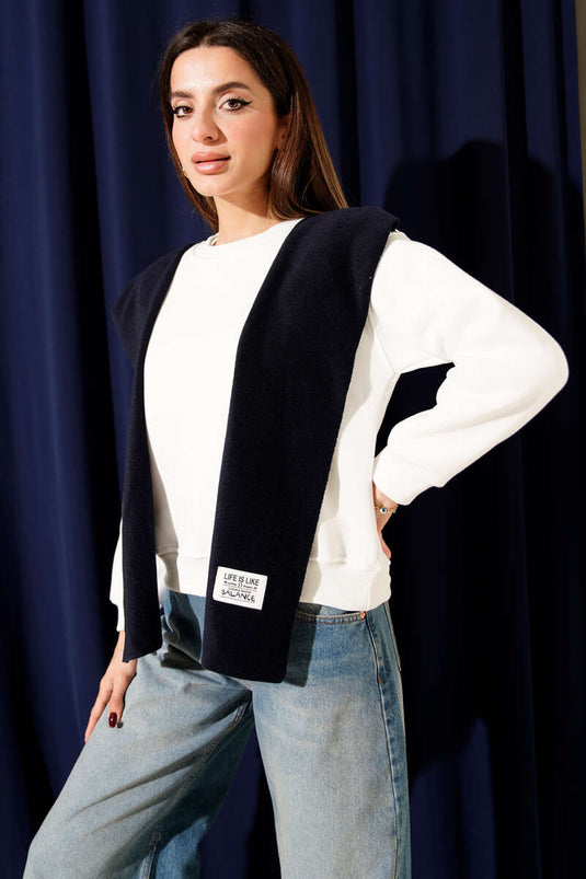 سويت شيرت قطني ثلاثي الخيوط برقعة ووشاح قطبي كحلي