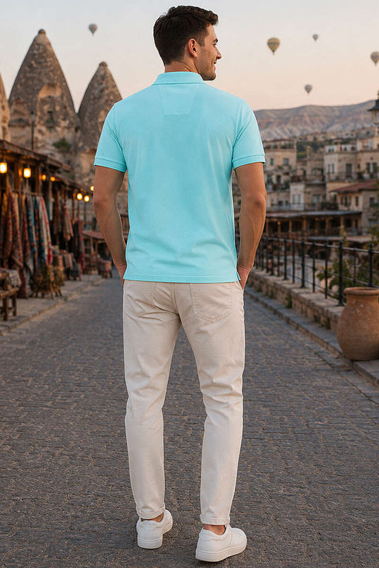 Armalı Polo Yaka Çıtçıtlı Erkek T-shirt Aqua