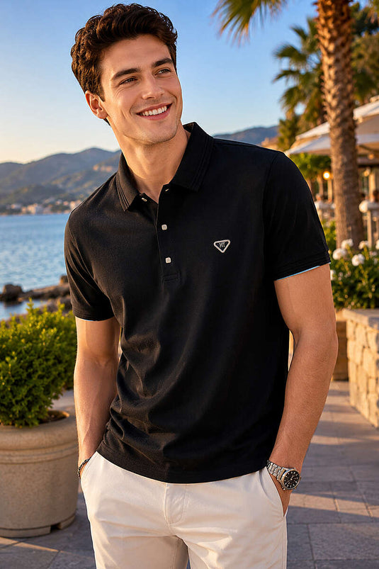 Armalı Polo Yaka Çıtçıtlı Erkek T-shirt Siyah