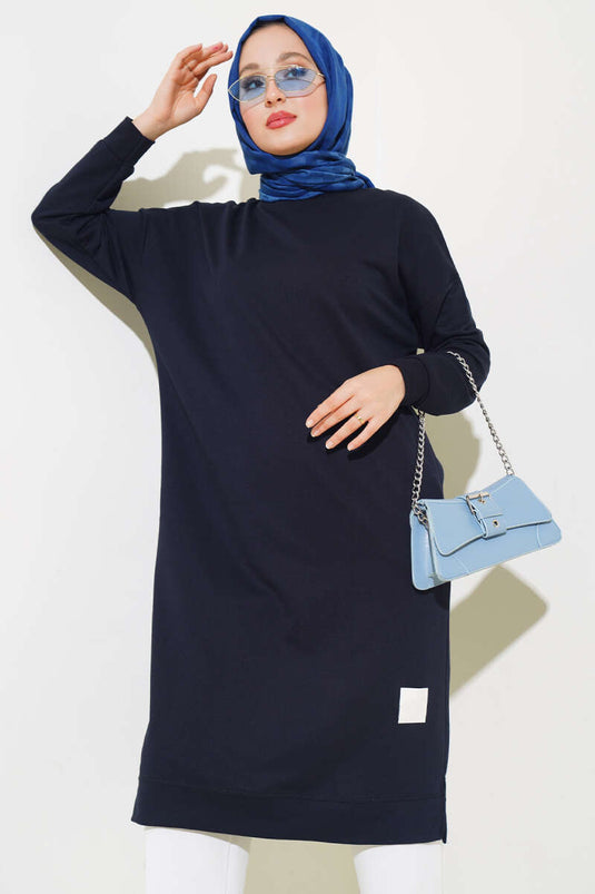 Embroidered Long Basic Tunic Navy Blue