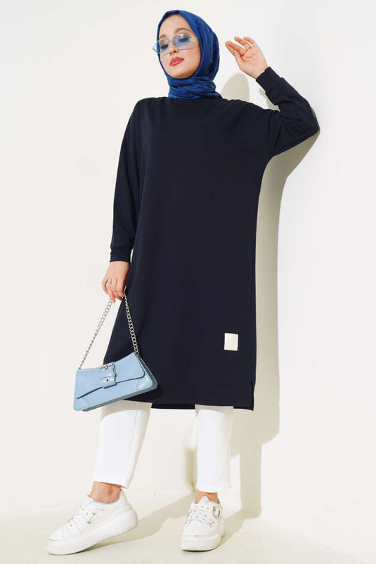 Embroidered Long Basic Tunic Navy Blue