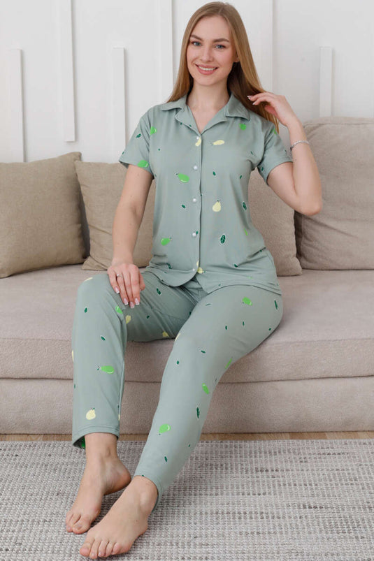 Ensemble pyjama à manches courtes boutonné à motif poire, vert amande