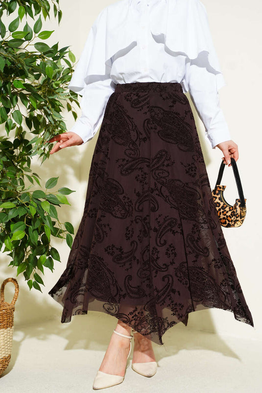 Asymmetrische rok met bloemen en tule, bruin