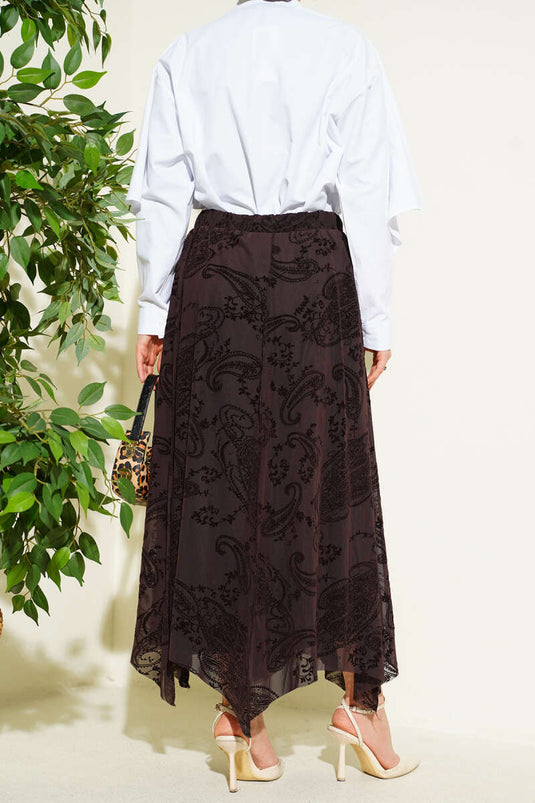 Asymmetrische rok met bloemen en tule, bruin