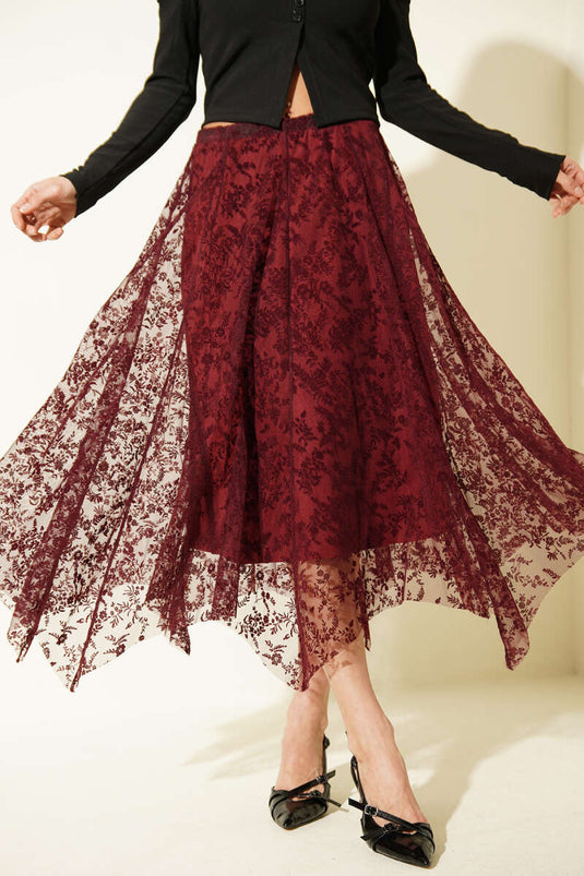 Asymmetric Floral Tulle Midi Skirt Burgundy