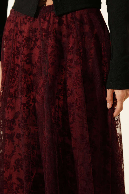 Asymmetric Floral Tulle Midi Skirt Burgundy