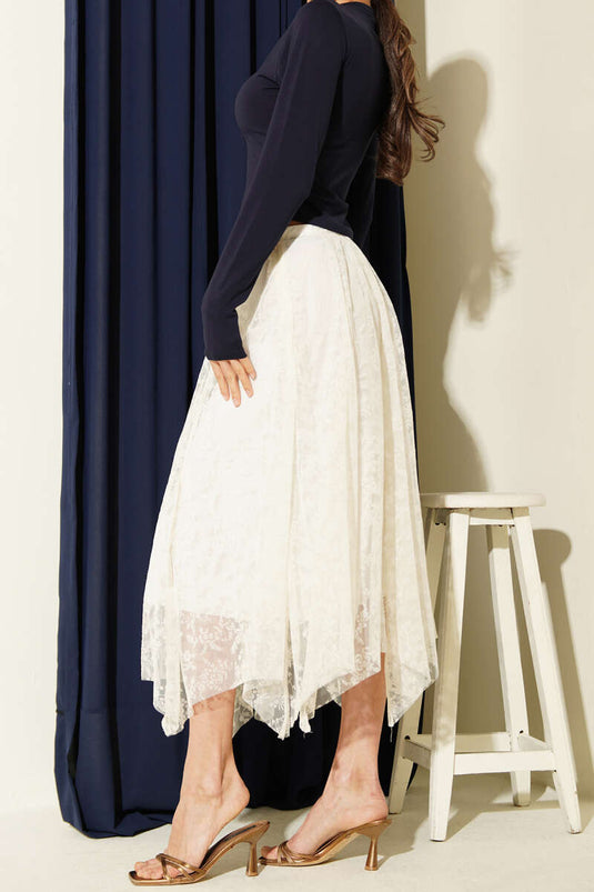 Asymmetric Floral Tulle Midi Skirt Ecru