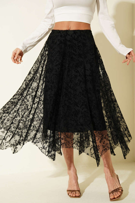 Jupe midi en tulle à fleurs asymétriques noire