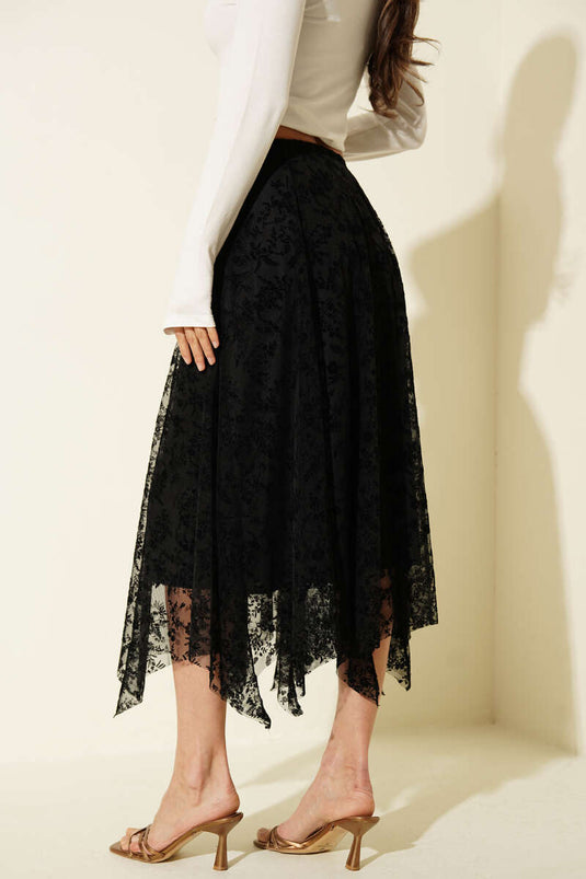 Asymmetric Floral Tulle Midi Skirt Black