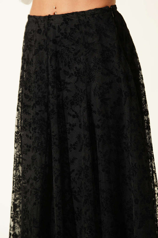 Jupe midi en tulle à fleurs asymétriques noire