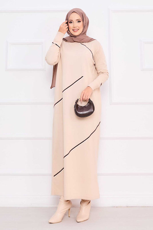 Robe hijab en maille beige à rayures asymétriques