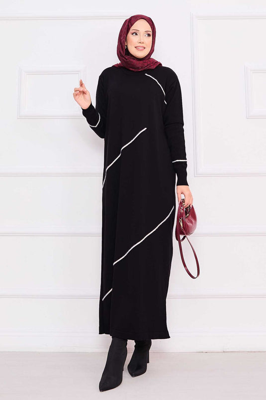Asymmetrical Stripe Detailed Hijab Knit Dress Black