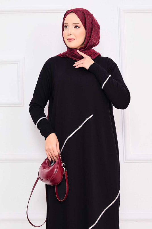 Asymmetrical Stripe Detailed Hijab Knit Dress Black
