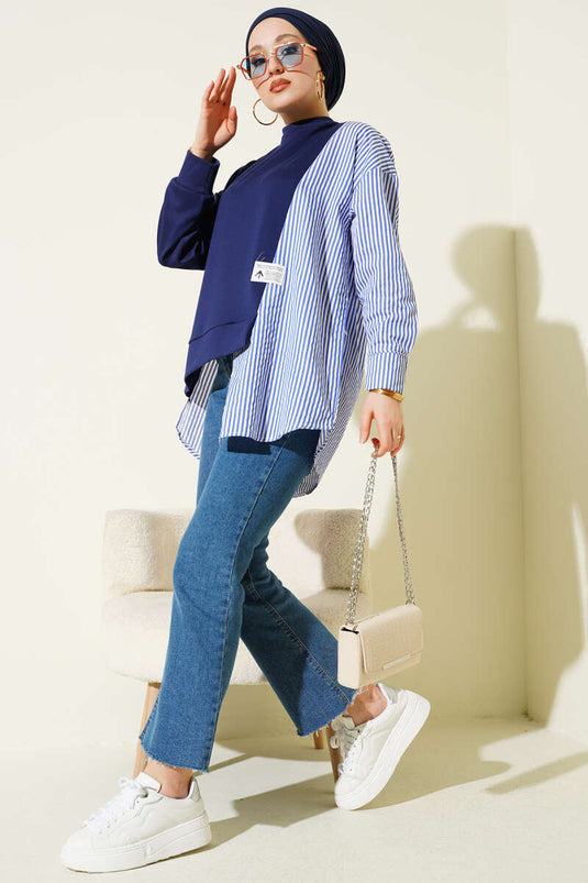 Asymmetric Striped Shirt-Trimmed Tunic Navy Blue