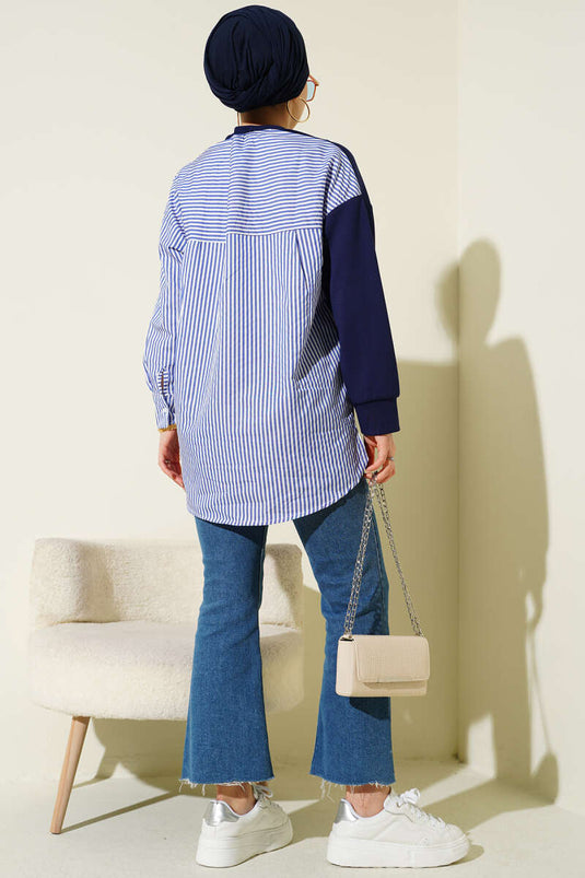 Asymmetric Striped Shirt-Trimmed Tunic Navy Blue