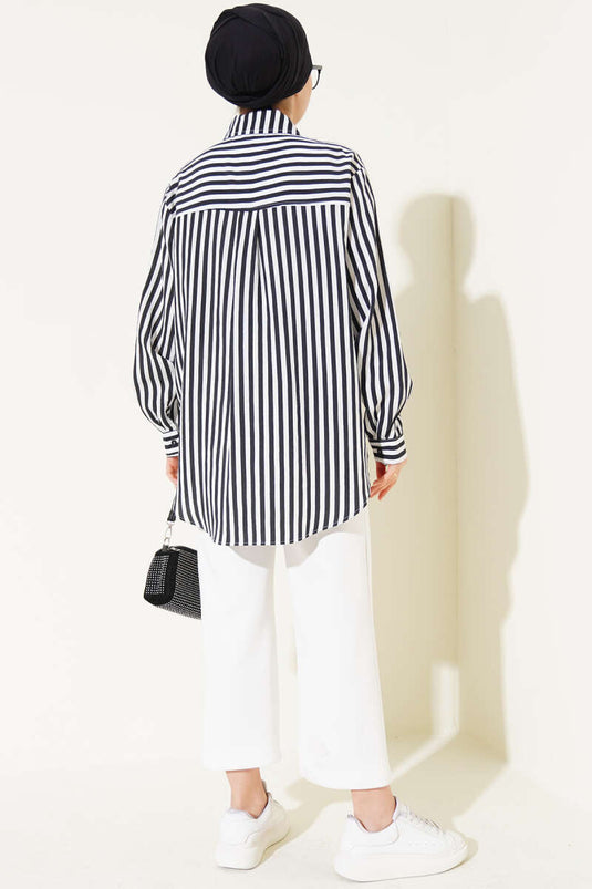 Asymmetric Striped Shirt with Buttons Black