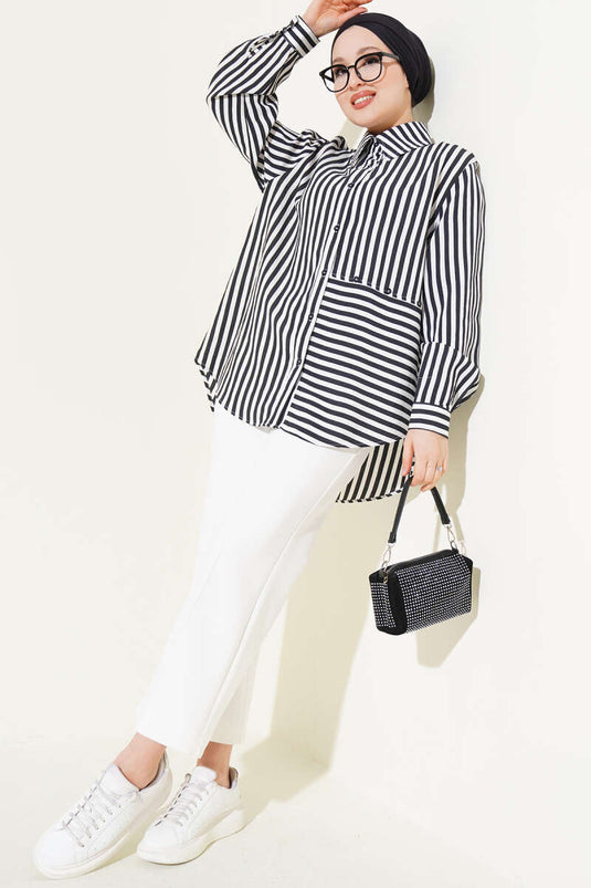 Asymmetric Striped Shirt with Buttons Black