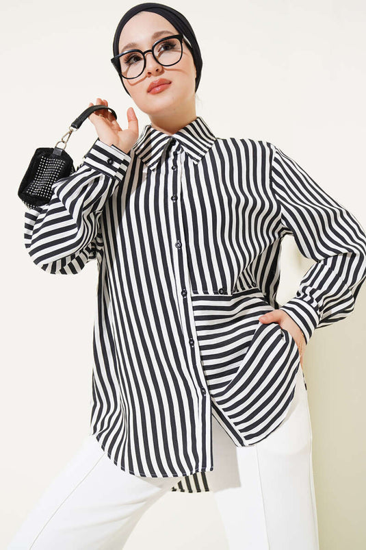 Camicia Nera Asimmetrica a Righe con Bottoni