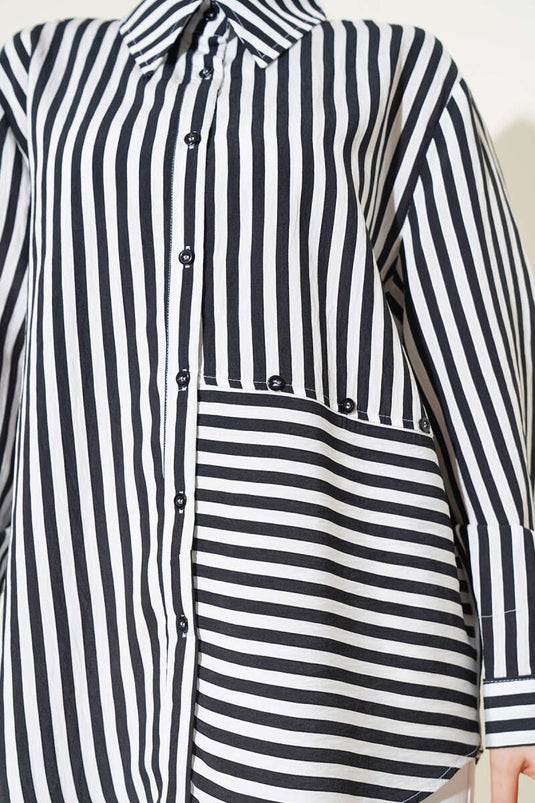 Camicia Nera Asimmetrica a Righe con Bottoni