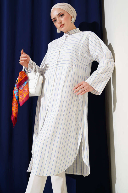 Asymmetric Striped Long Linen Shirt Blue