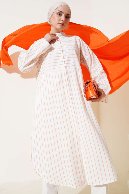 Asymmetric Striped Long Linen Shirt Orange