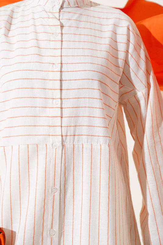 Asymmetric Striped Long Linen Shirt Orange