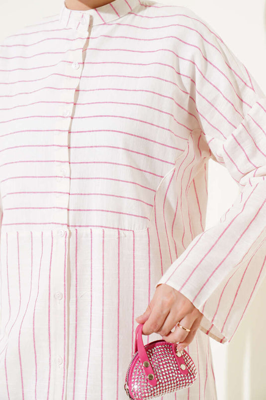 Asymmetric Striped Long Linen Shirt Pink