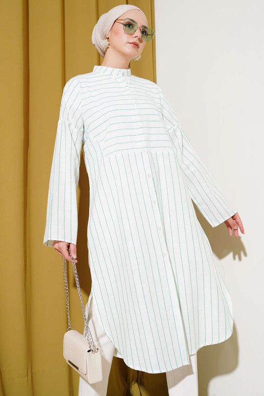Asymmetric Striped Long Linen Shirt Green