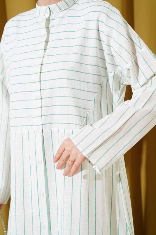 Asymmetric Striped Long Linen Shirt Green