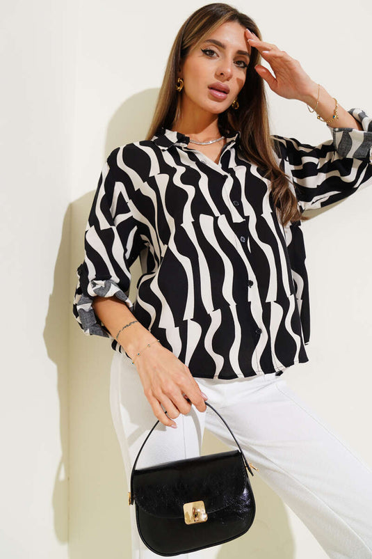 Asymmetrical Patterned Folded Sleeve Shirt Black