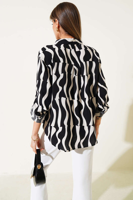 Asymmetrical Patterned Folded Sleeve Shirt Black