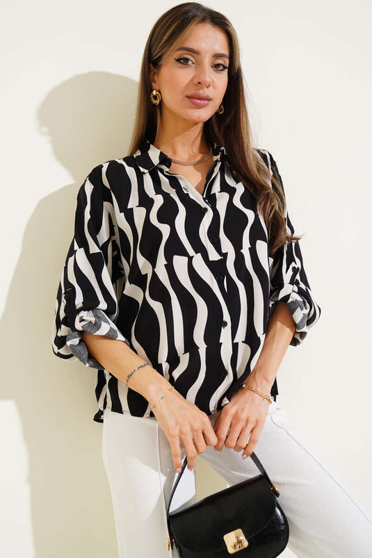 Asymmetrical Patterned Folded Sleeve Shirt Black