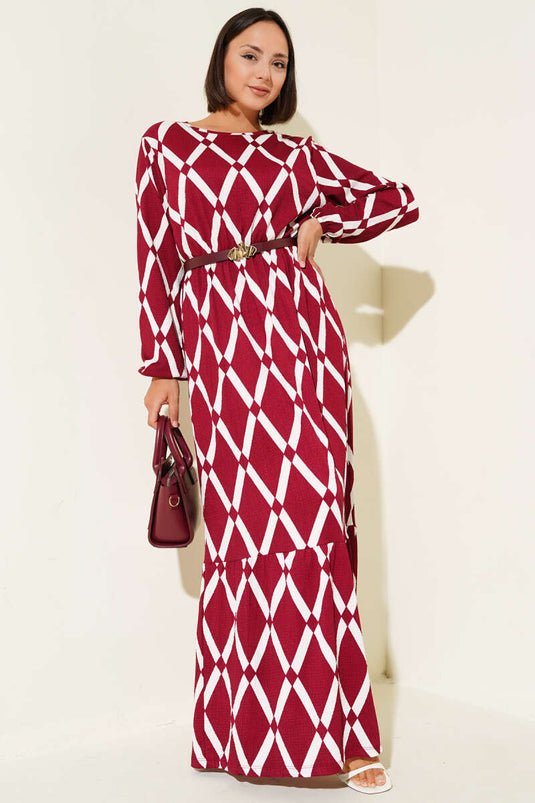 Asymmetrical Patterned Belted Dress Burgundy
