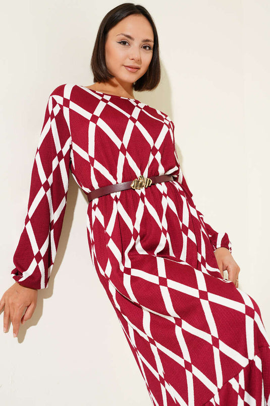 Asymmetrical Patterned Belted Dress Burgundy