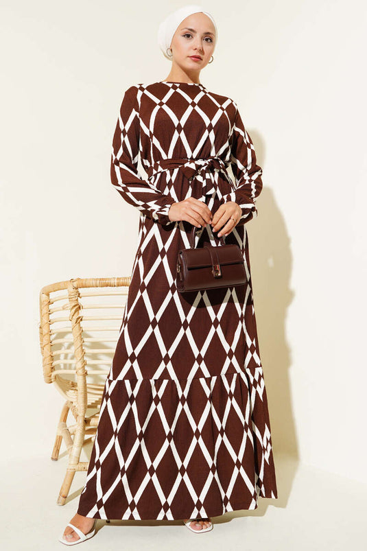Asymmetrical Patterned Belted Dress Brown