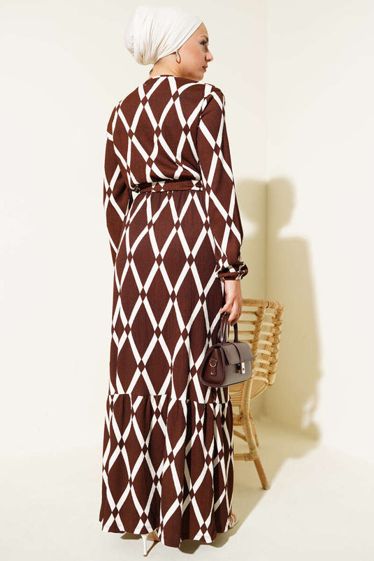 Asymmetrical Patterned Belted Dress Brown