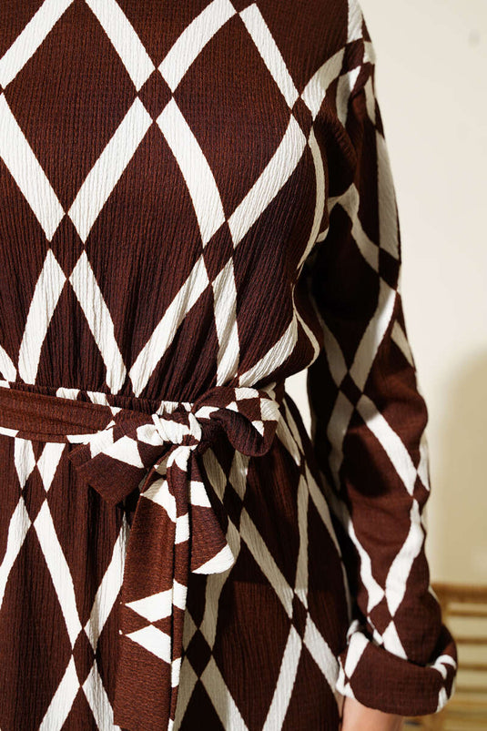 Asymmetrical Patterned Belted Dress Brown