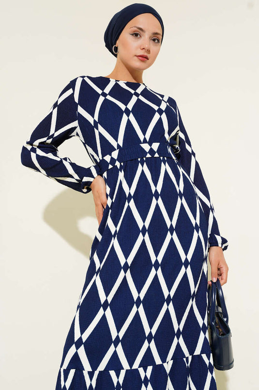 Asymmetrical Patterned Belted Dress Navy Blue