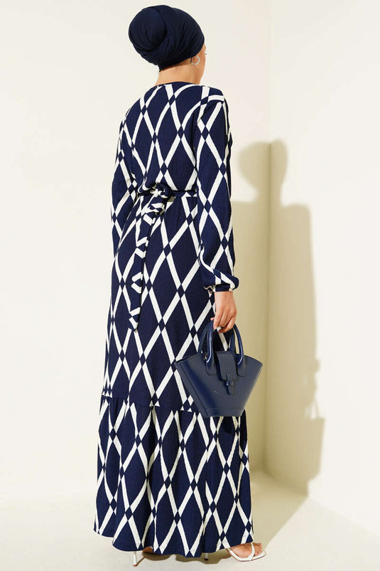 Asymmetrical Patterned Belted Dress Navy Blue