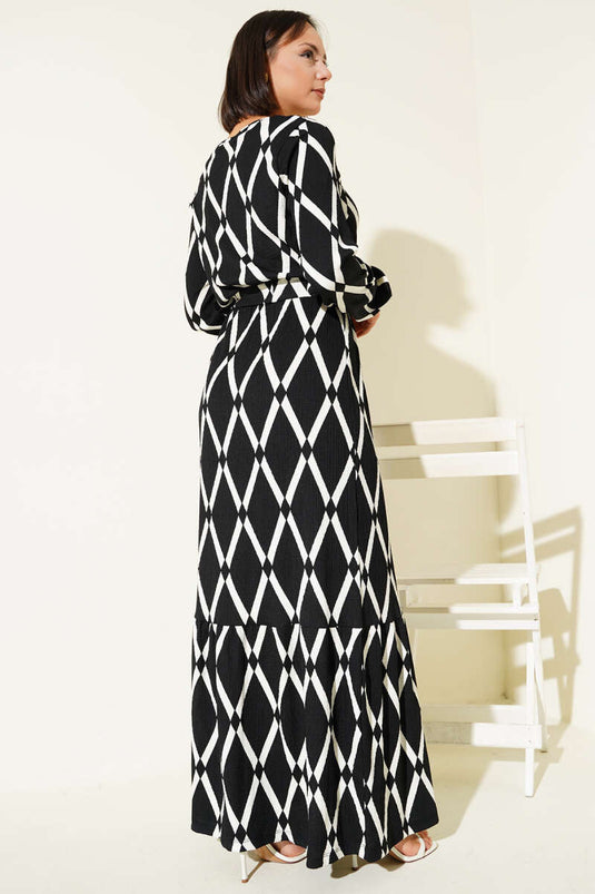 Asymmetrical Patterned Belted Dress Black