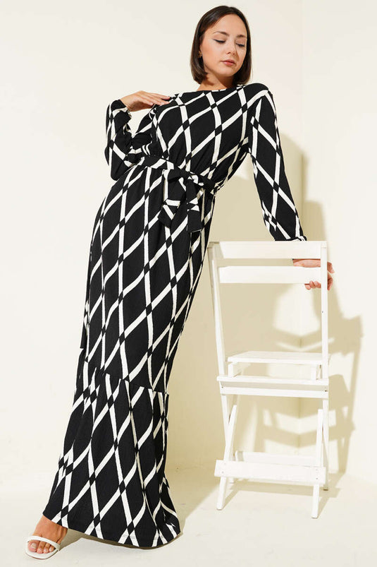 Asymmetrical Patterned Belted Dress Black