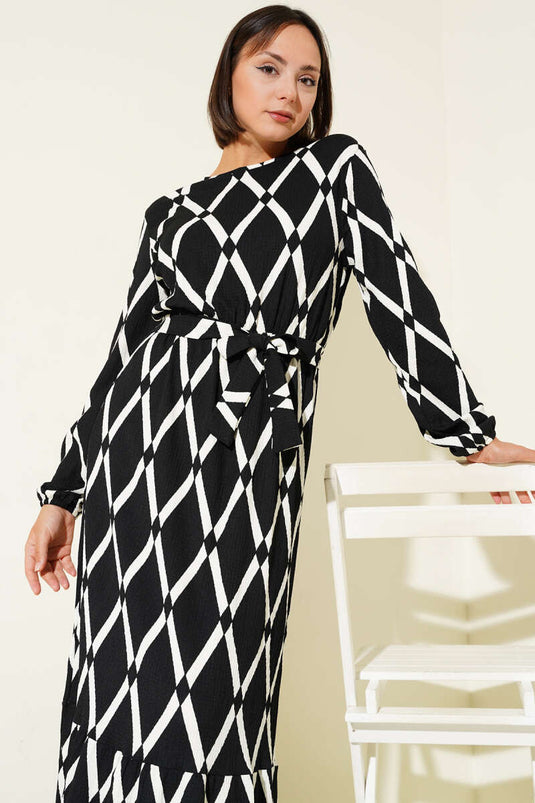 Asymmetrical Patterned Belted Dress Black