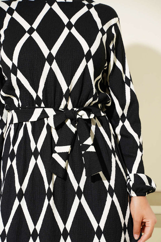 Asymmetrical Patterned Belted Dress Black