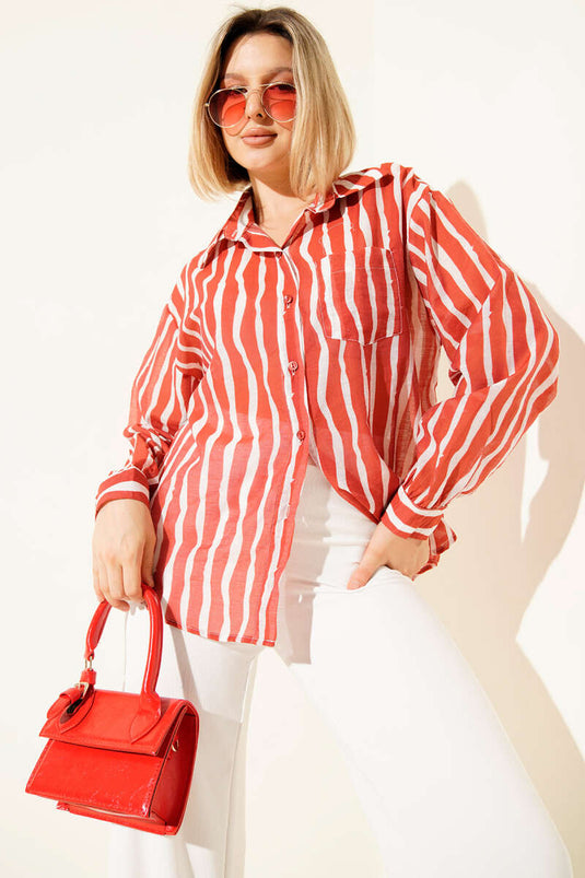 Asymmetrical Vertical Striped Shirt Red