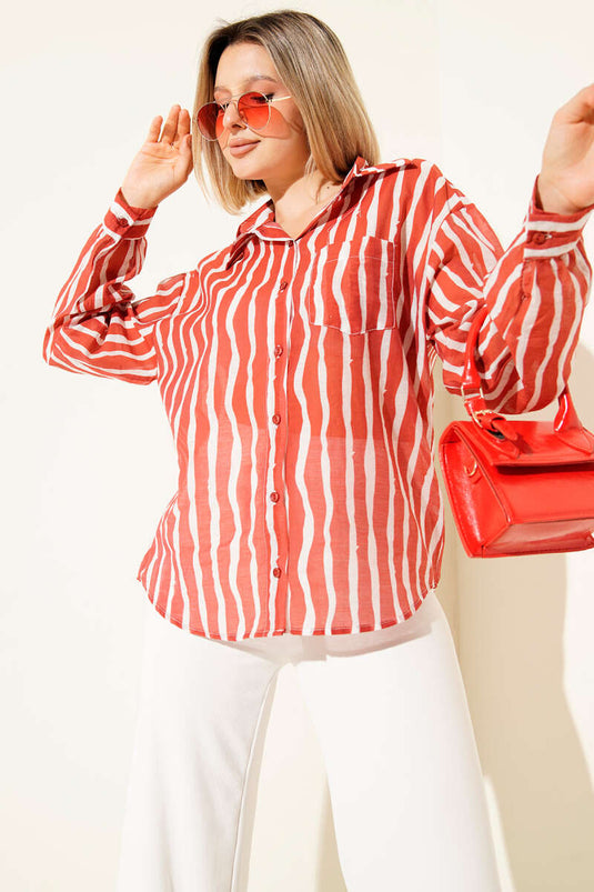Asymmetrical Vertical Striped Shirt Red