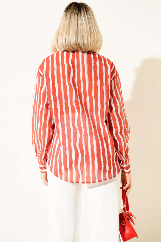Asymmetrical Vertical Striped Shirt Red