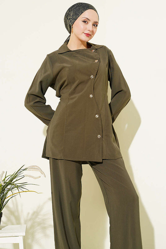 Asymmetrisches, knopfbesetztes, schnurgebundenes Tensel-Zweiteiler-Set in Khaki